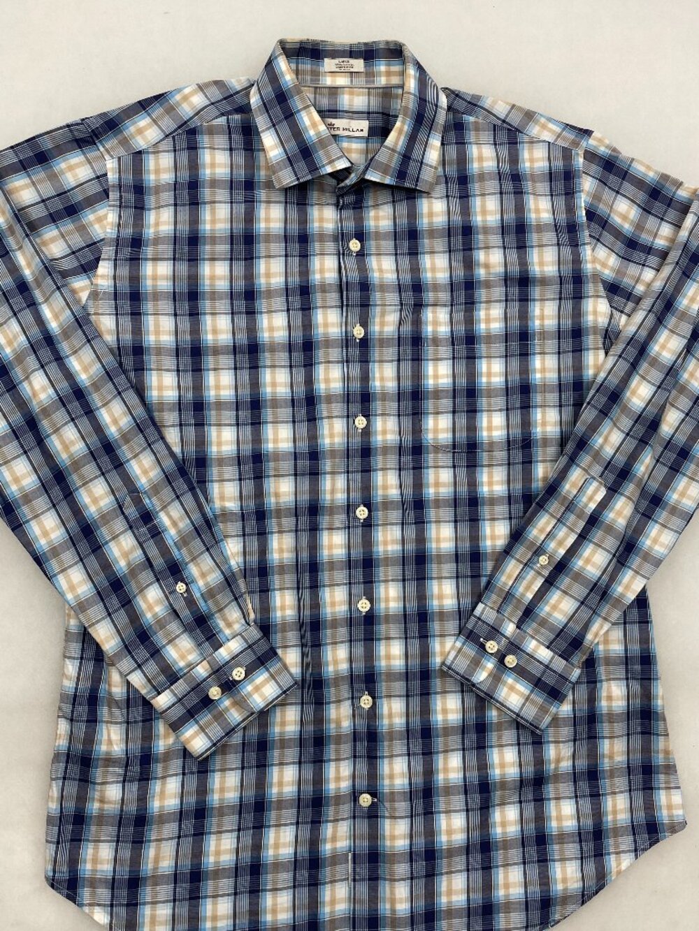 Peter Millar Crown Comfort Plaid Button Down Shirt Blue Tan Men's L